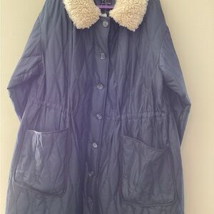 Lane Bryant Dark Blue Quilted Puffer with Faux Fur Collar